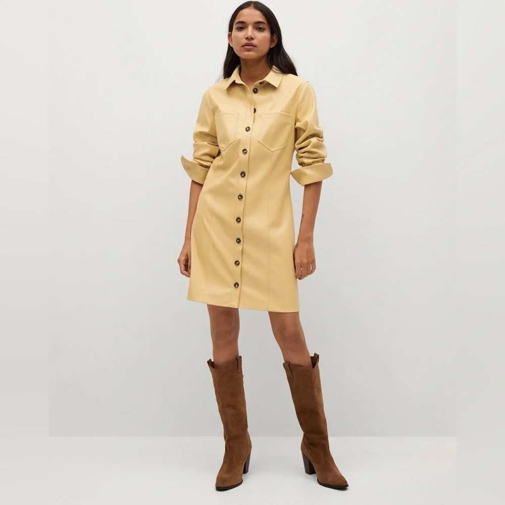 Mango Yellow Faux Leather Shirt Dress sz 2 - Picture 1 of 12